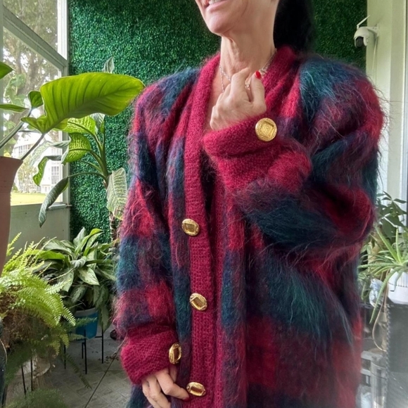 Vintage Mohair Cardigan Chunky Geometric Confetti Color Block Oversized Large - Picture 1 of 16